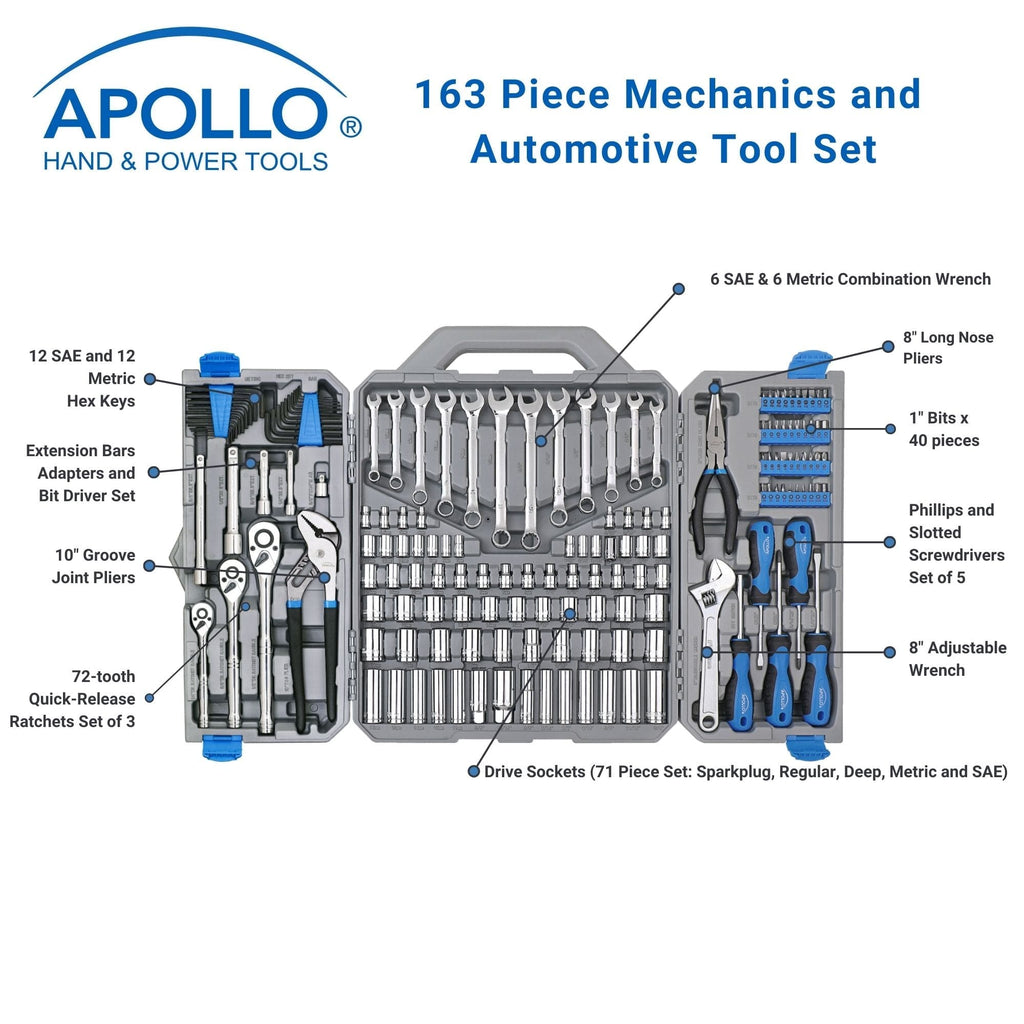 Maletín de Herramientas de Mecánica 163 Piezas Apollo Tools DT0002 — Vasos Métricos y en Pulgadas