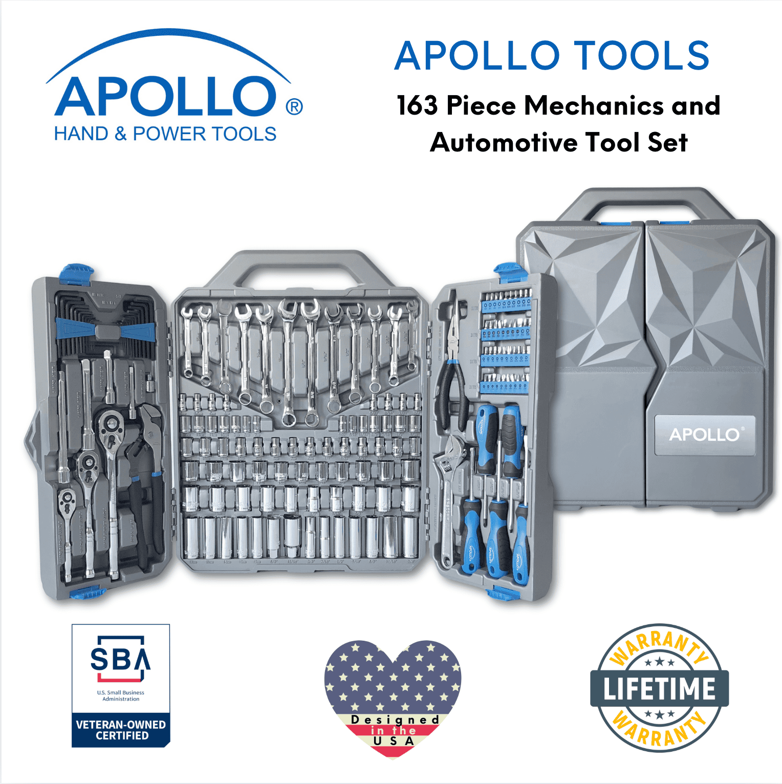 Maletín de Herramientas de Mecánica 163 Piezas Apollo Tools DT0002 — Vasos Métricos y en Pulgadas