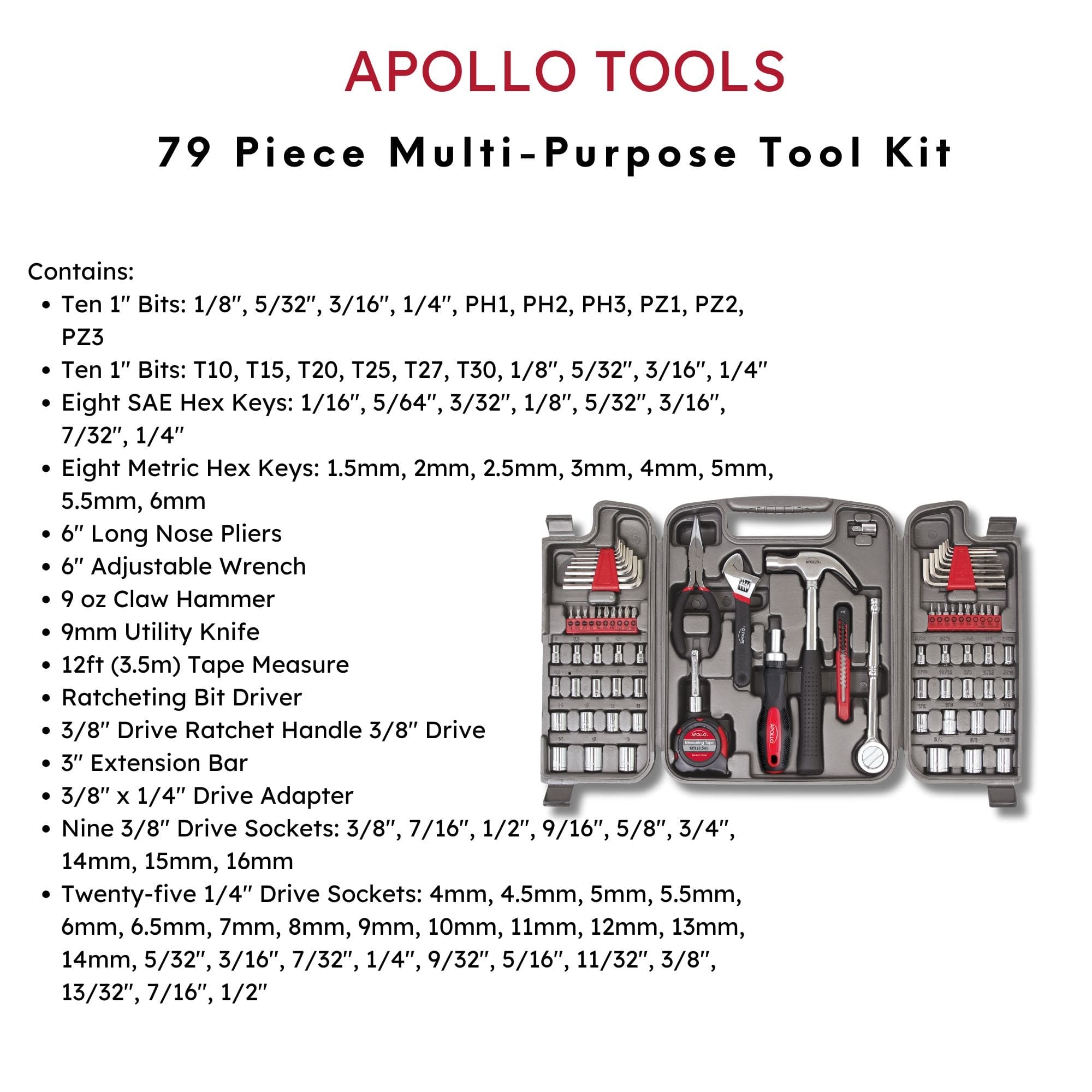 Maletín de Herramientas Multiusos 79 Piezas Apollo Tools DT9411