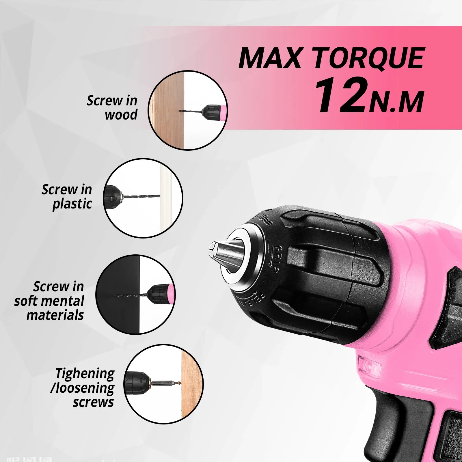 Kit Combo de Herramientas 126 Piezas — Taladro Inalámbrico 8V con Portabrocas sin Llave de 10 mm (Rosa/Amarillo)