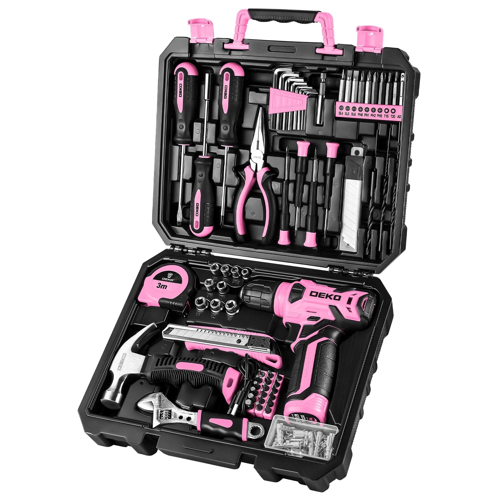 Kit Combo de Herramientas 126 Piezas — Taladro Inalámbrico 8V con Portabrocas sin Llave de 10 mm (Rosa/Amarillo)