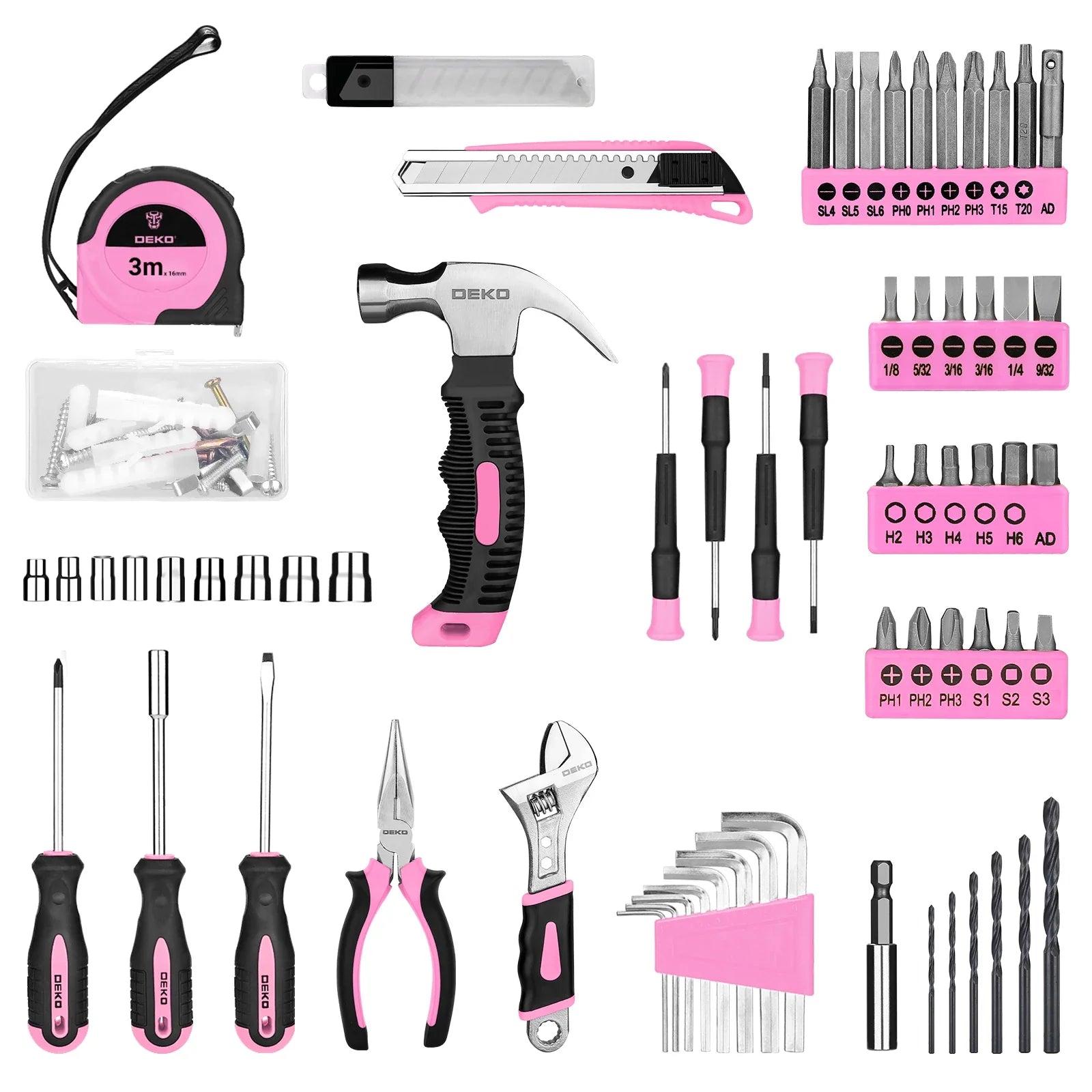 Kit Combo de Herramientas 126 Piezas — Taladro Inalámbrico 8V con Portabrocas sin Llave de 10 mm (Rosa/Amarillo)