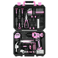 Kit Combo de Herramientas 126 Piezas — Taladro Inalámbrico 8V con Portabrocas sin Llave de 10 mm (Rosa/Amarillo)