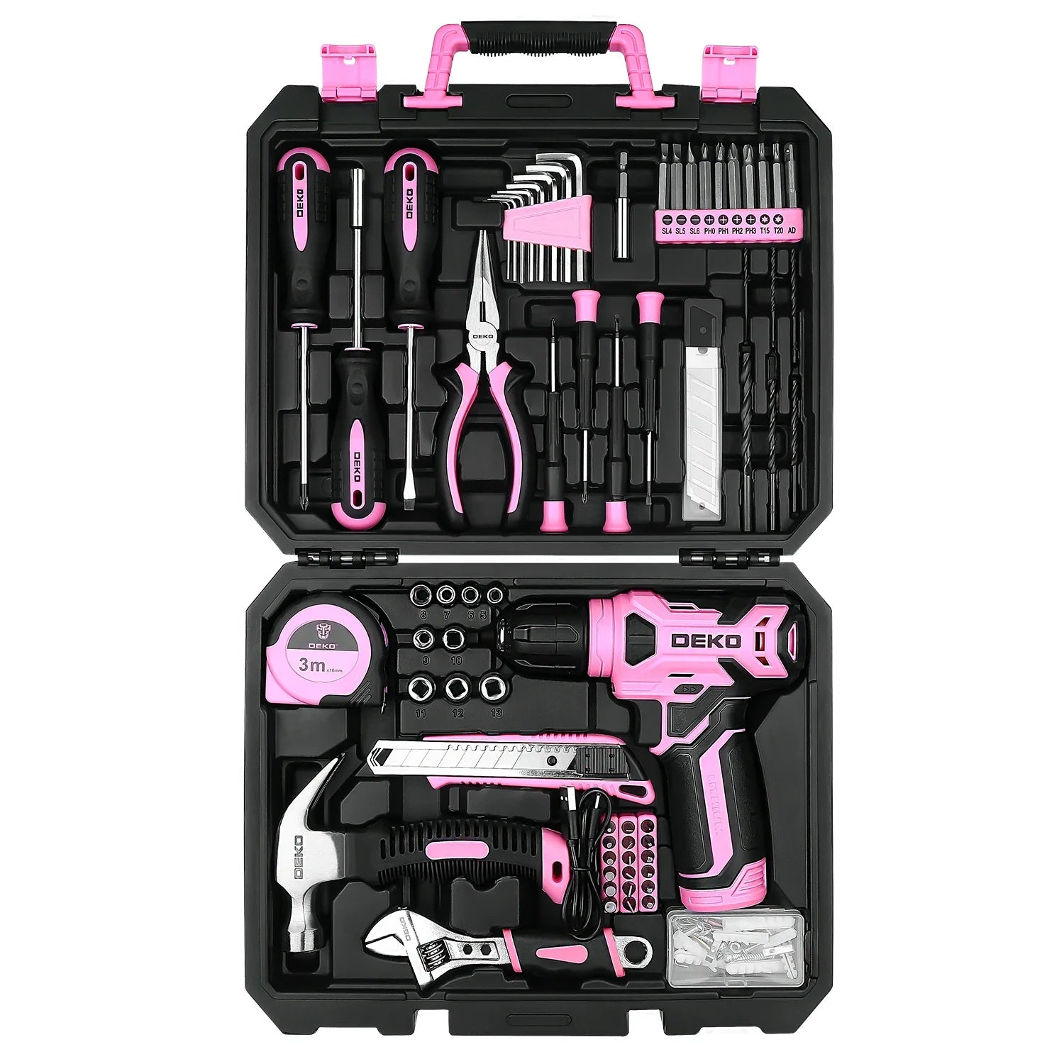 Kit Combo de Herramientas 126 Piezas — Taladro Inalámbrico 8V con Portabrocas sin Llave de 10 mm (Rosa/Amarillo)