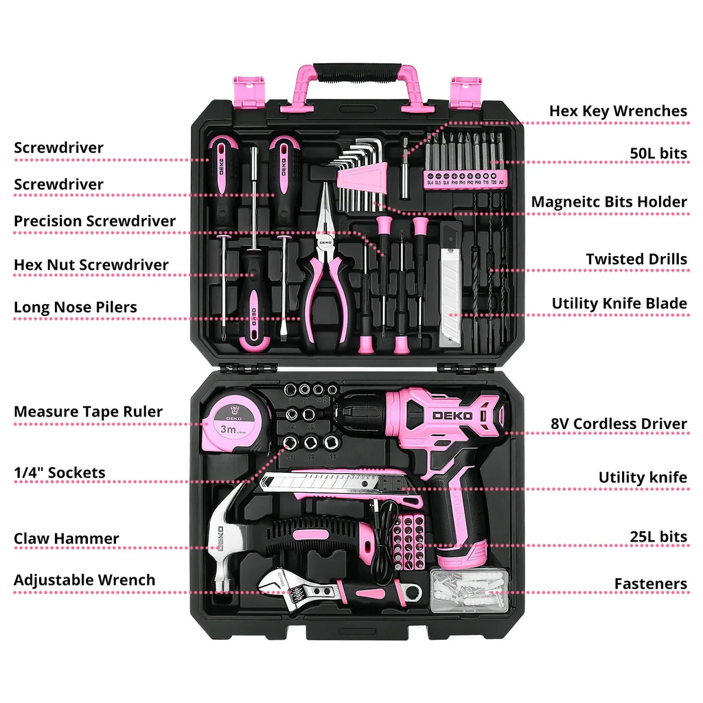 Kit Combo de Herramientas 126 Piezas — Taladro Inalámbrico 8V con Portabrocas sin Llave de 10 mm (Rosa/Amarillo)