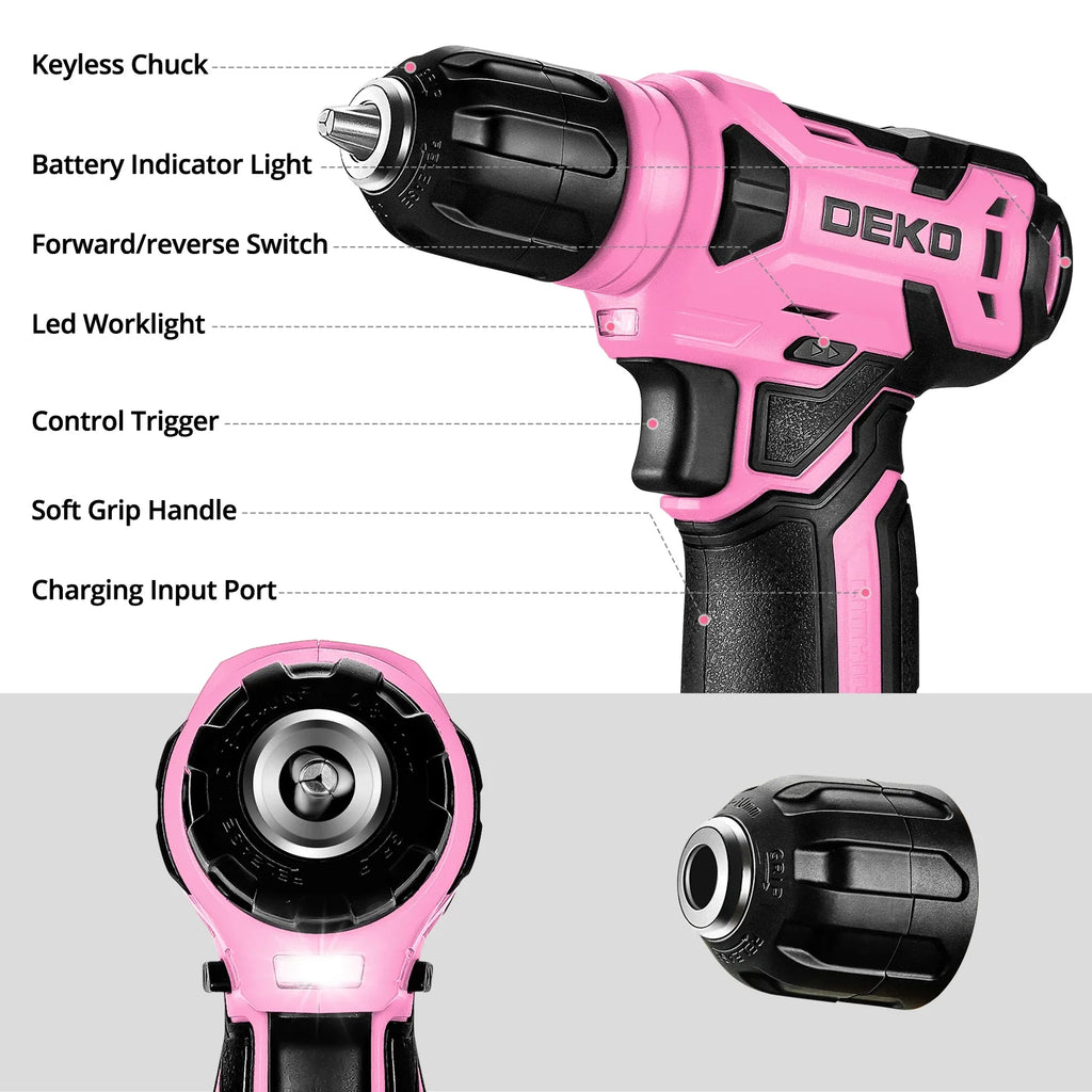 Kit Combo de Herramientas 126 Piezas — Taladro Inalámbrico 8V con Portabrocas sin Llave de 10 mm (Rosa/Amarillo)