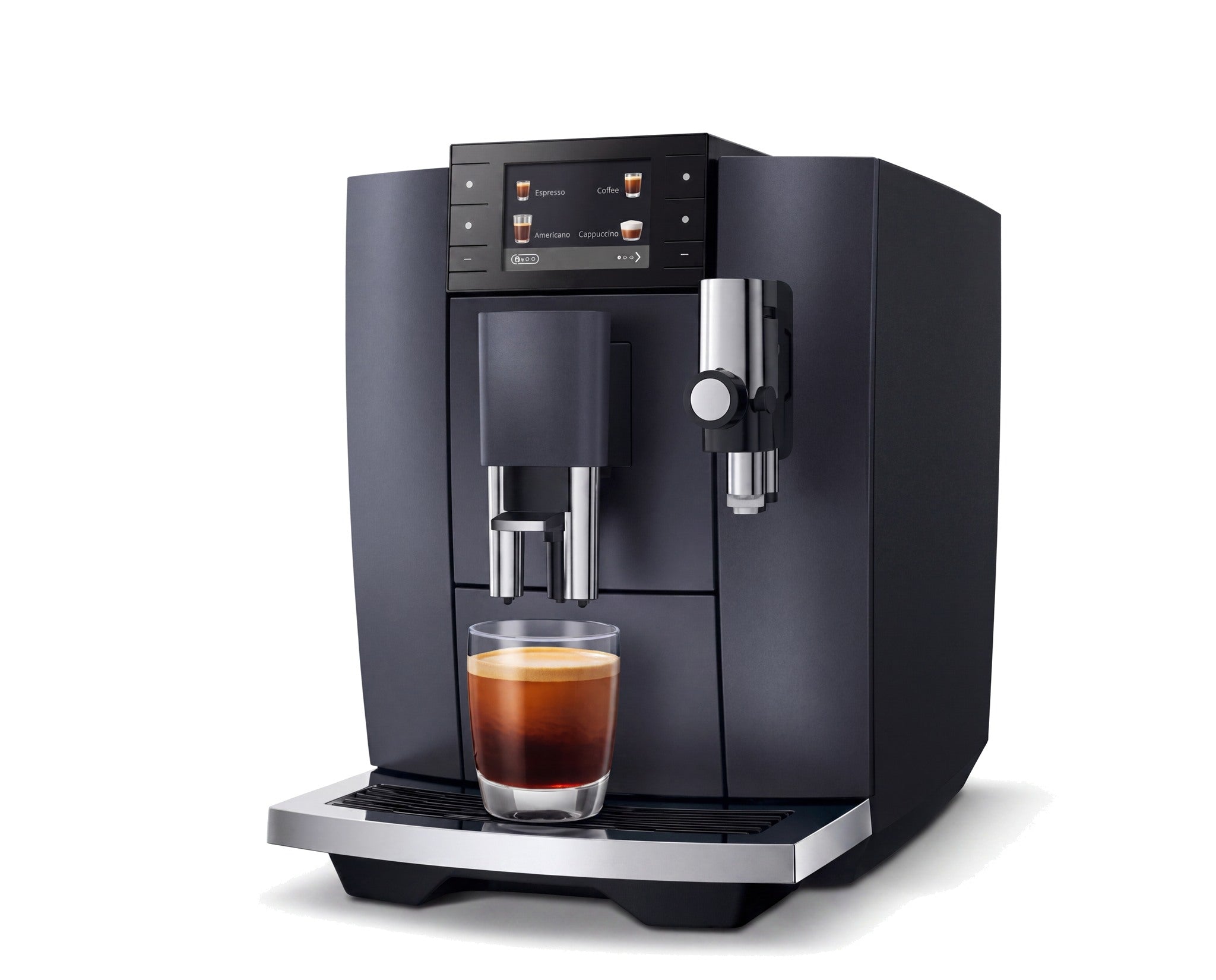 Cafetera superautomática en ángulo con un espresso recién preparado
