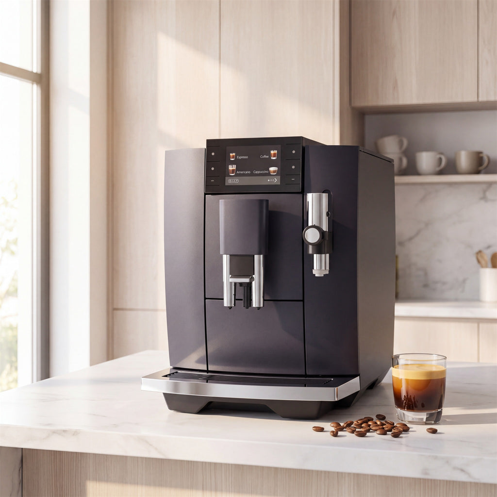Cafetera superautomática en una cocina luminosa