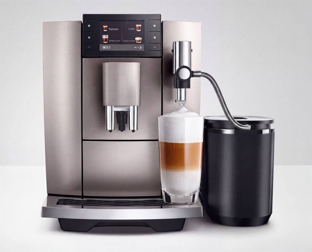 Latte macchiato con el enfriador de leche, cafetera Midnight Silver