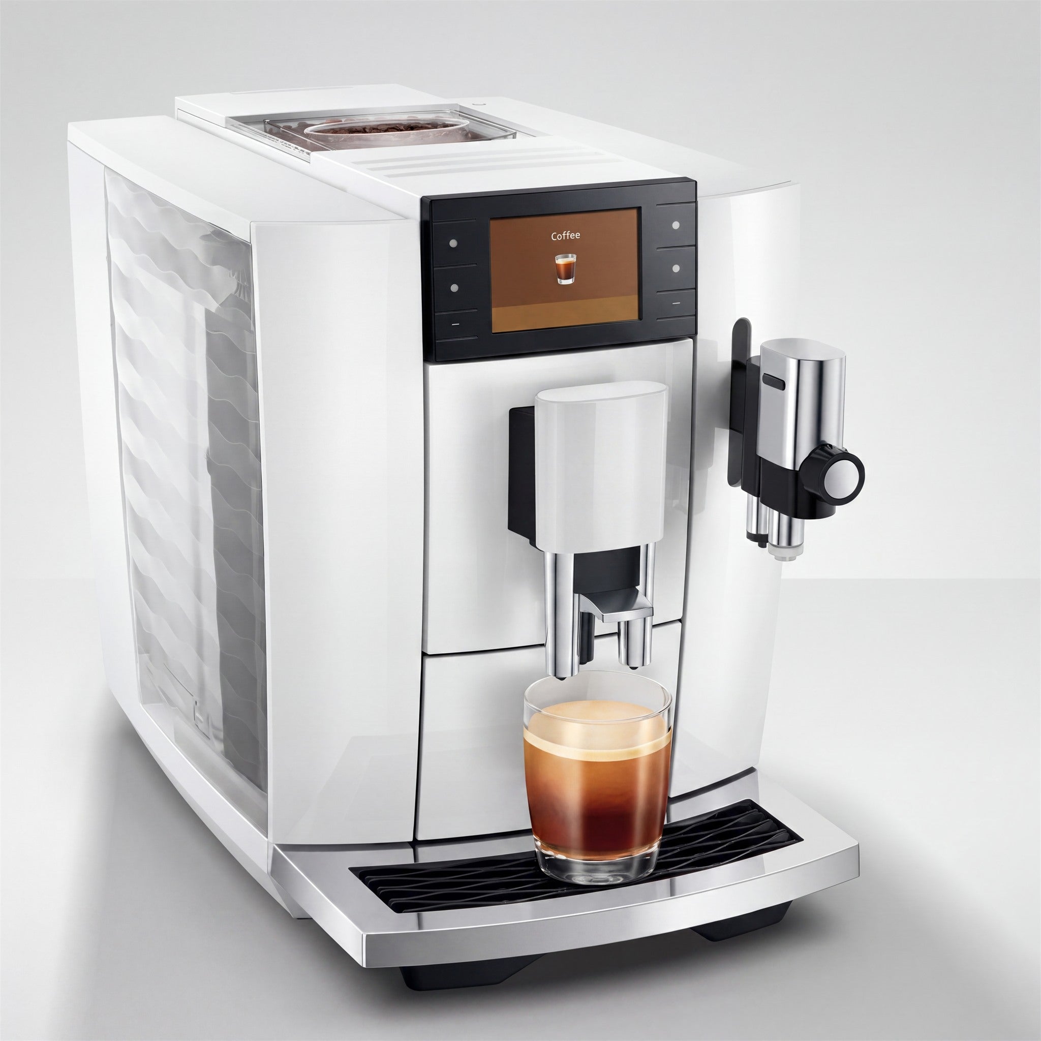 Vista de tres cuartos de la cafetera Piano White con el depósito de granos