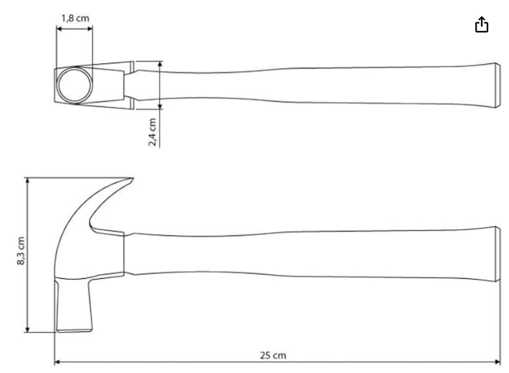 Wrenco claw hammer dimensions: 25 cm length, 8.3 cm head height