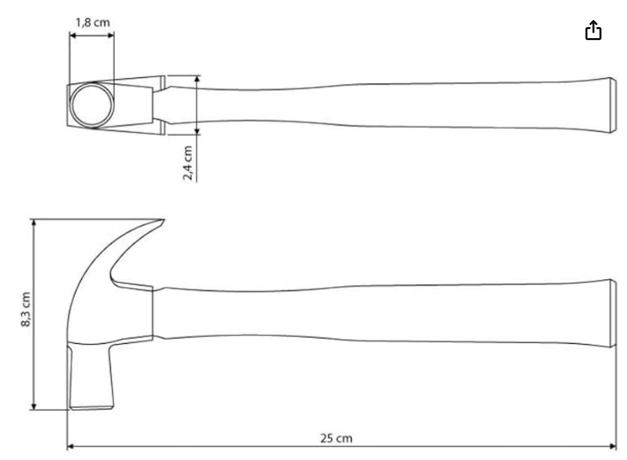 Wrenco claw hammer dimensions: 25 cm length, 8.3 cm head height